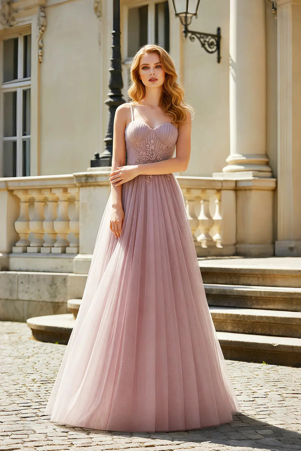 Rose Sweetheart Tulle Beaded A-line Pink Prom Dress SH481 Sheer Fairy