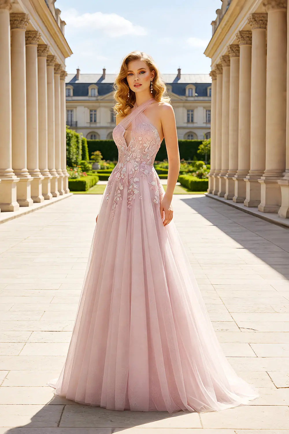 Sparkled Blush Pink Tulle Halter A-Line Prom Dress SH430 Sheer Fairy