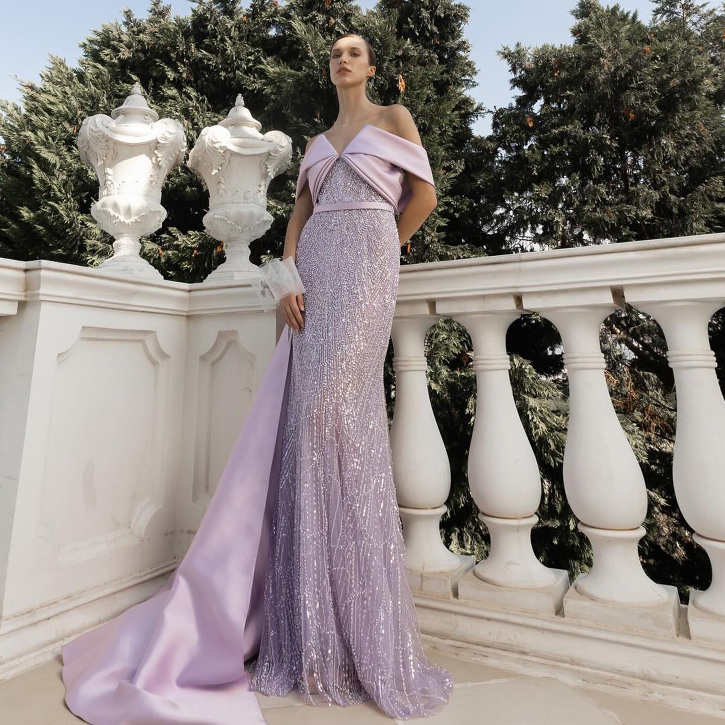 Lilac Modest Evening Dress with Satin Cape Overlay & Crystal Beaded SS624 Sheer Fairy