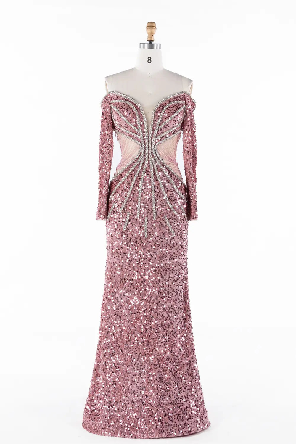 Elegant Pink Beaded Off Shoulder Sequin Evening Dress ST054 Sheer Fairy