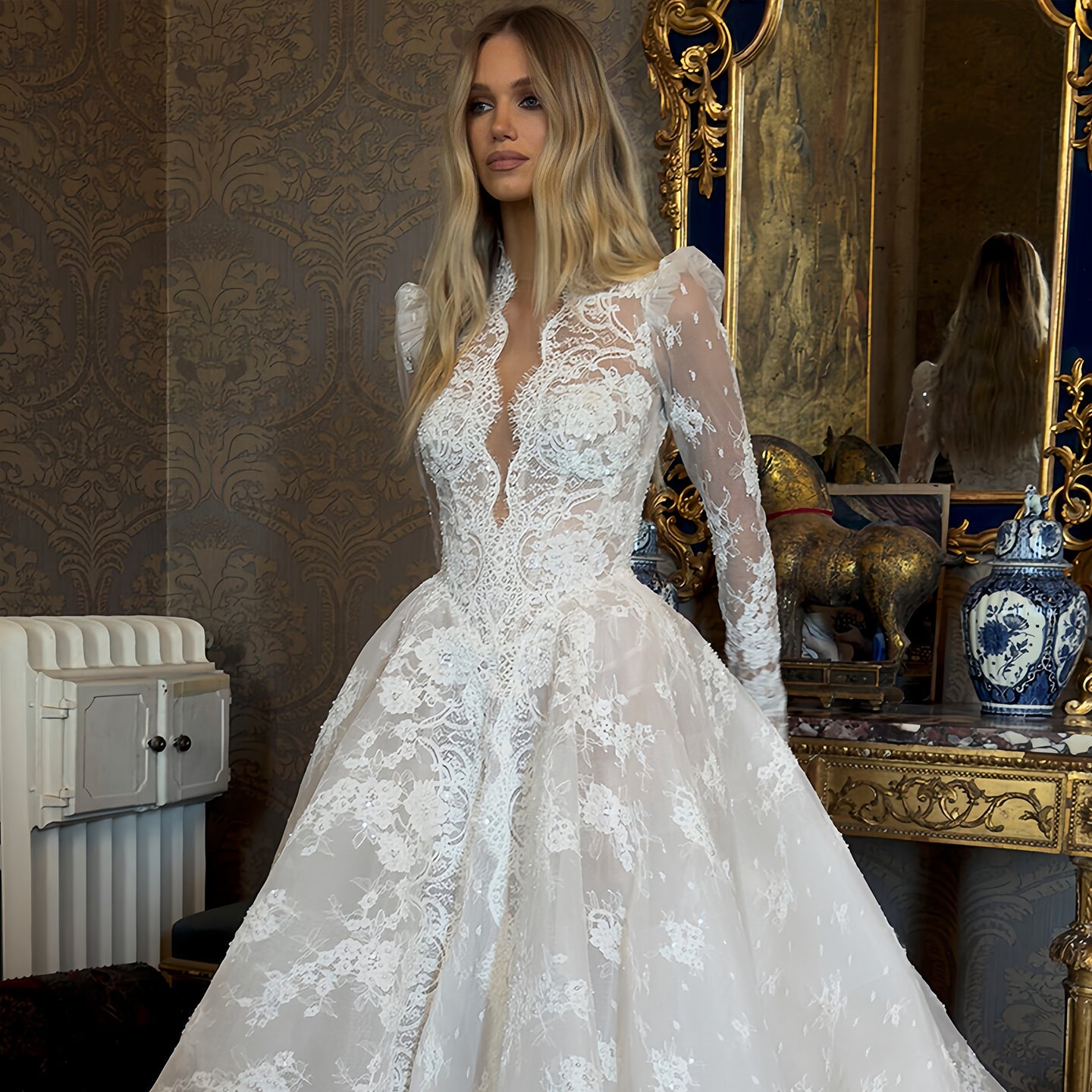 Sheer Long Sleeve Princess Ballgown with Chapel Train for Bridal  SW211 Sheer Fairy
