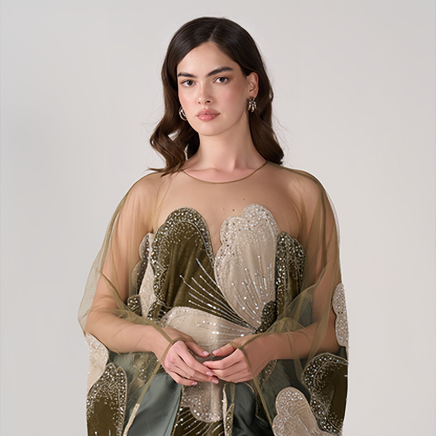 Luxurious Olive Green Velvet Beaded Kaftan Dress Sequined Petal Pattern Evening Abaya Maxi Gown SS669 Sheer Fairy