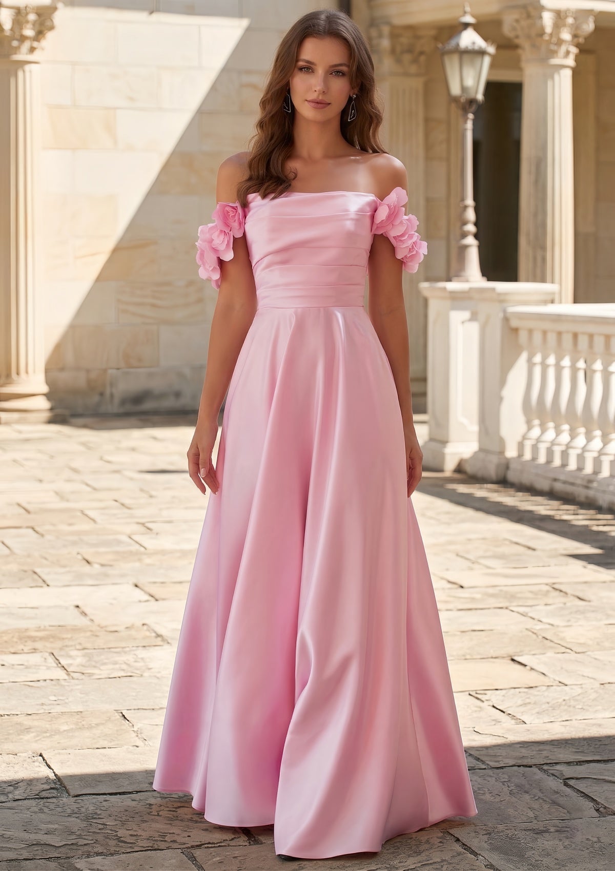 Off-the-Shoulder Pink Satin Prom Dress with 3D Floral Appliques SH702 Sheer Fairy