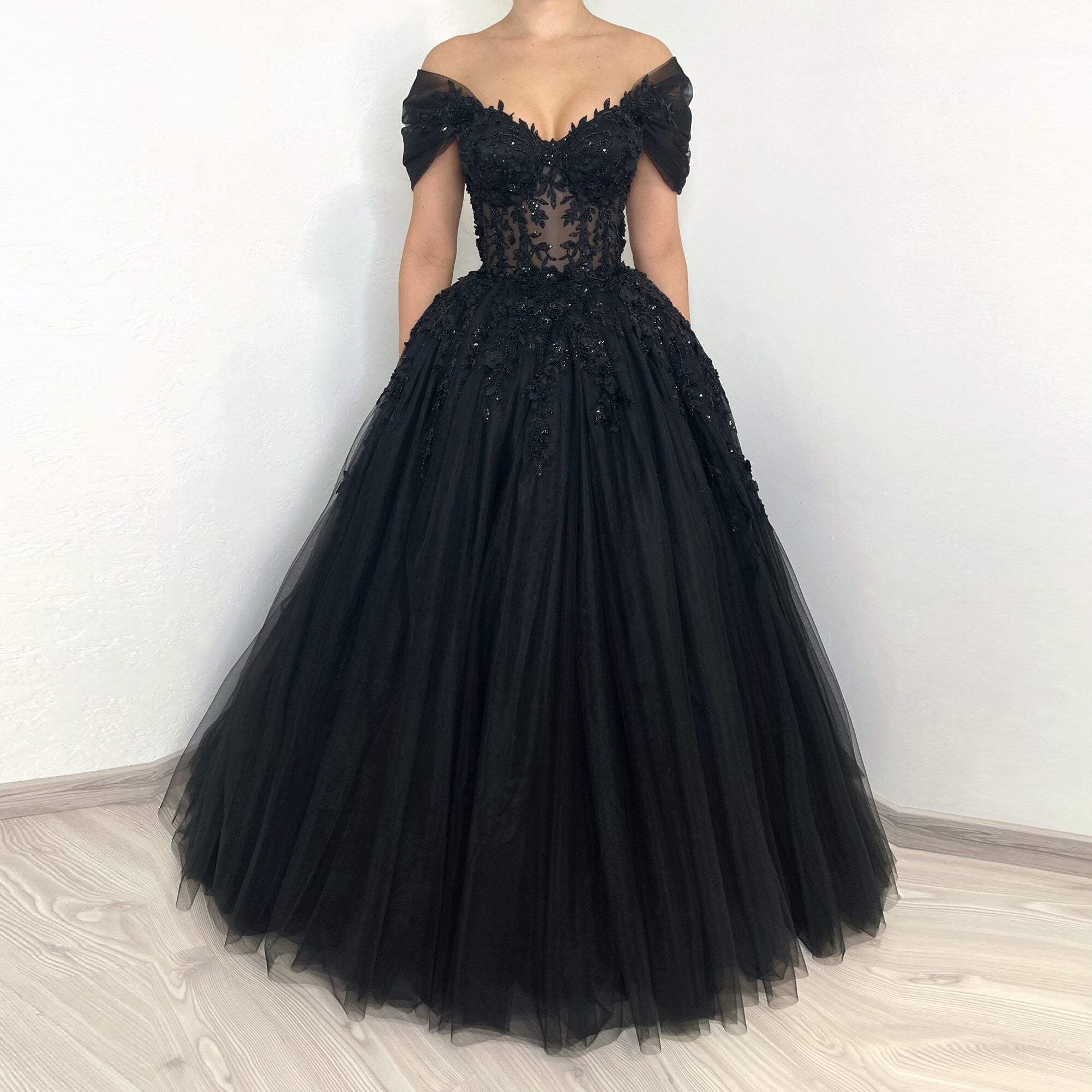 Black Gothic Off-Shoulder Lace Ball Gown Wedding Dress SW556