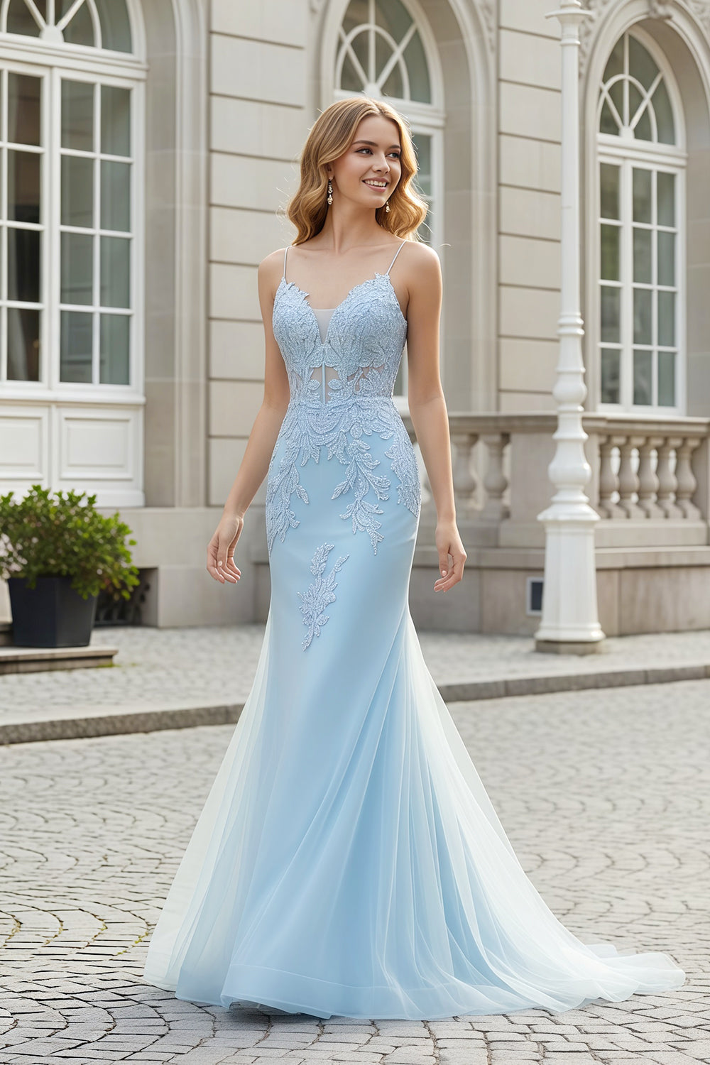 Modest Light Blue Lace Spaghetti Straps Mermaid Prom Dress SH509 Sheer Fairy