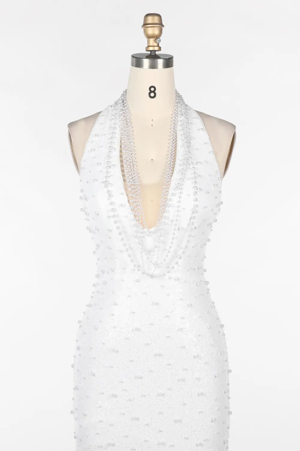 White Halter Pearl Beaded Backless Evening Dress ST091 Sheer Fairy