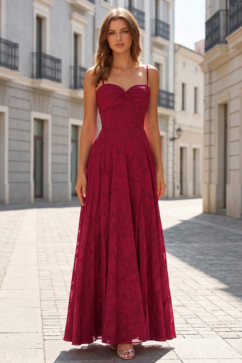 Burgundy Lace A Line Long Prom Dresses Spaghetti Strap SH736 Sheer Fairy