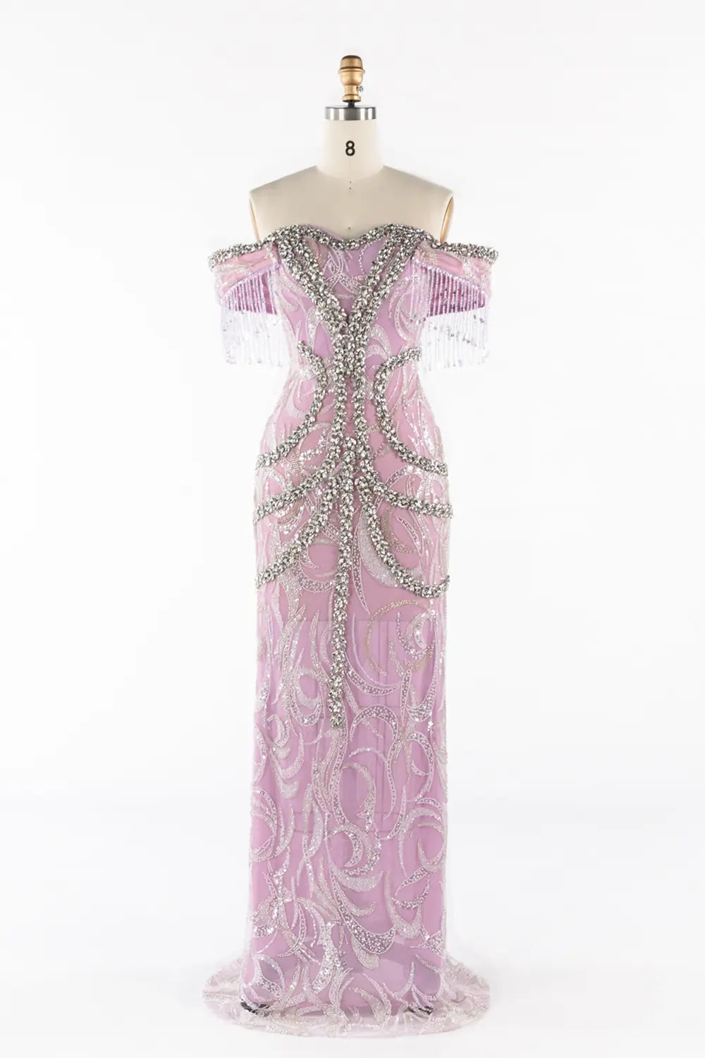 Lilac Off The Shoulder Beaded Fringe Formal Evening Dress ST053 Sheer Fairy