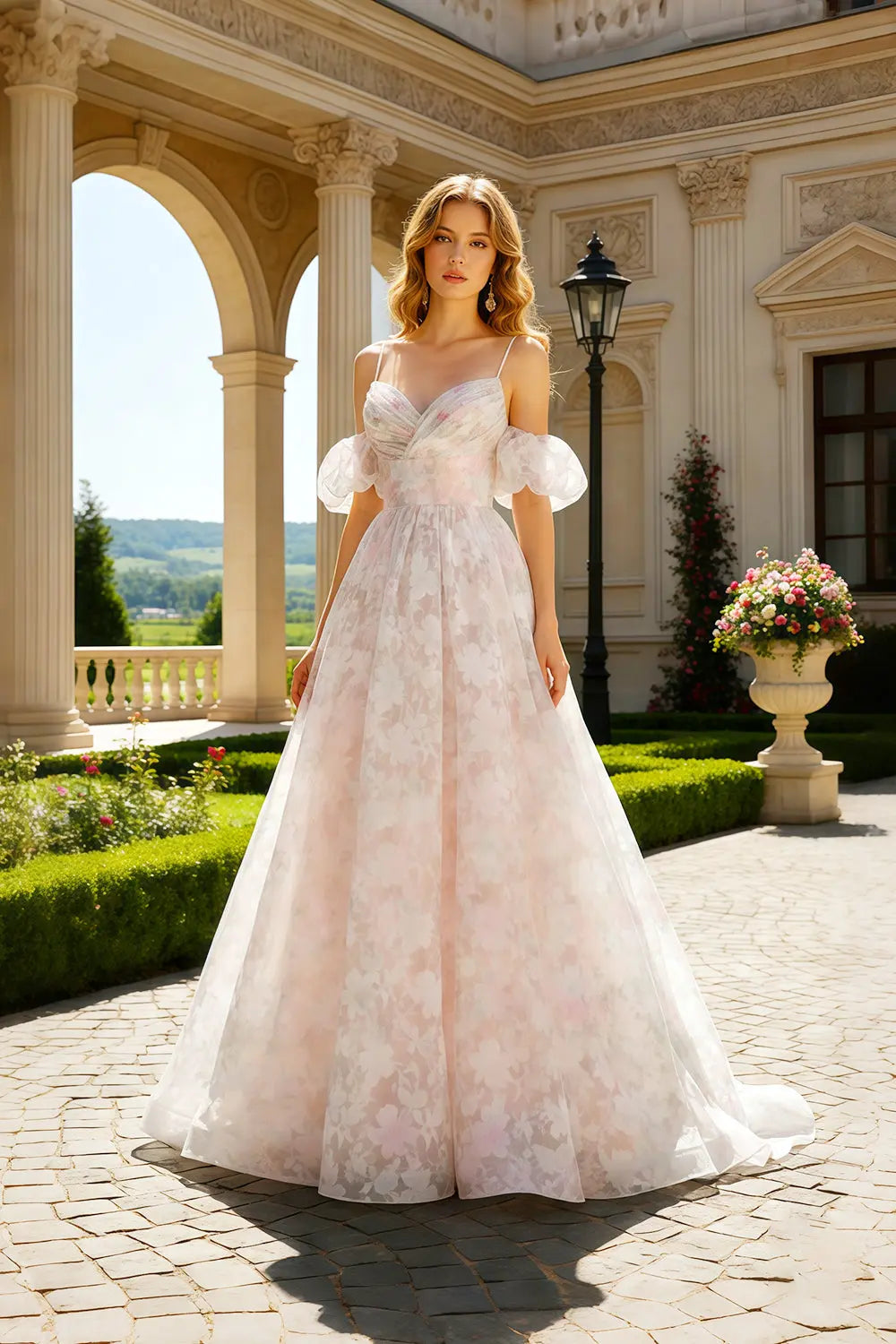 Blush Pink Floral Lace Ball Gown Prom Dress with Ruffled Sleeves SH431 Sheer Fairy