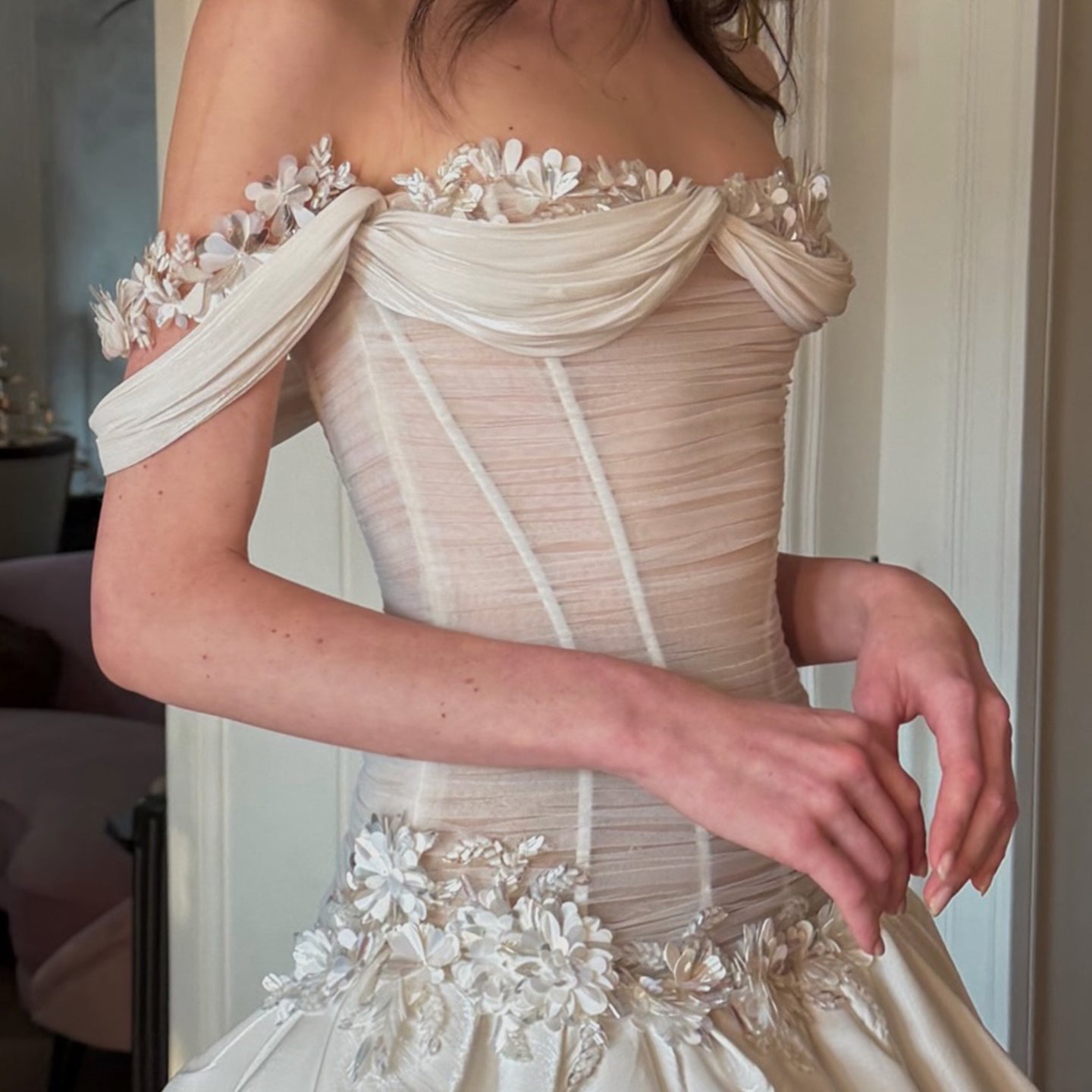 Off-the-Shoulder Corset Ball Gown Wedding Dress with Floral SW229 Sheer Fairy