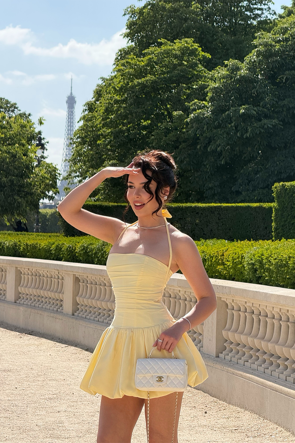 Yellow Halter Mini Dress Bubble Hem Corset Back Summer Prom Dress RM250 Sheer Fairy