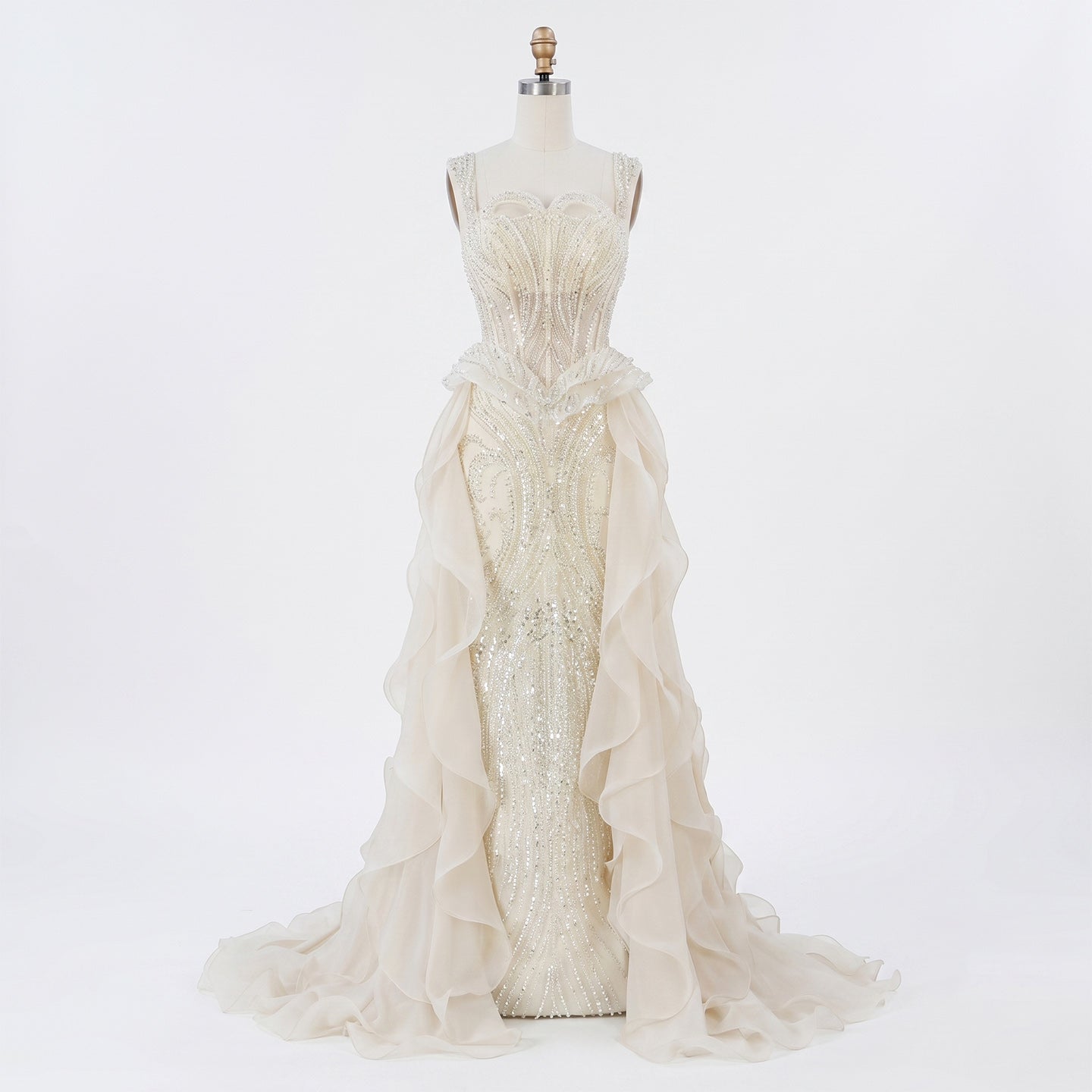 Sparkling Sequin Beaded Evening Dress with Cascading Layered Tiered Ruffle Train SS236 Sheer Fairy