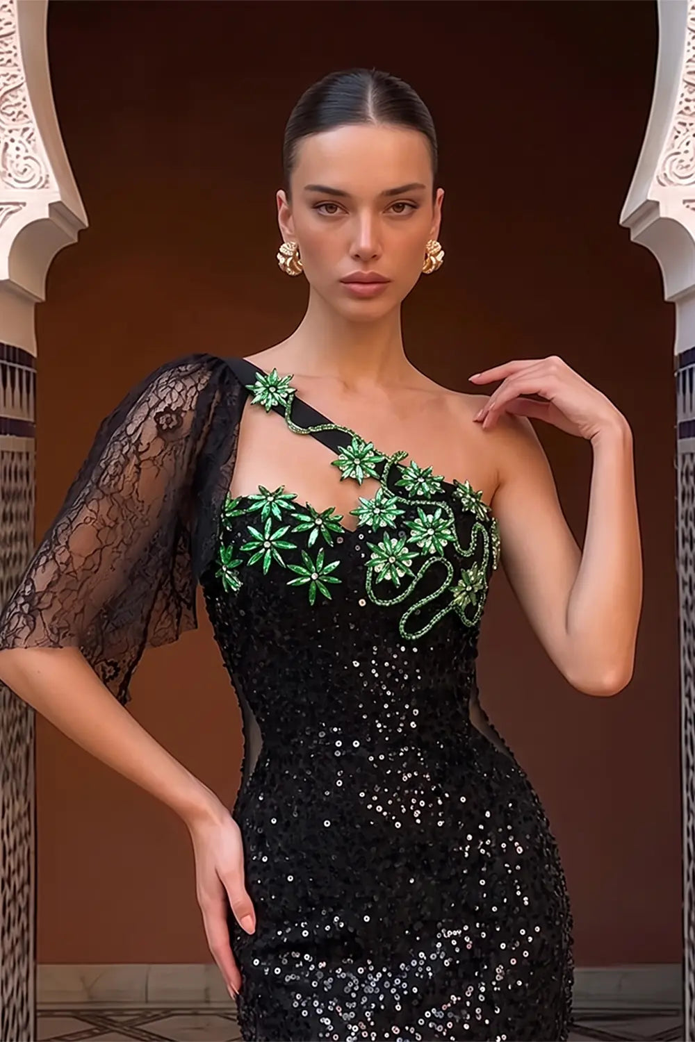 Black One Shoulder Sequin Evening Gown with Green Floral Detail ST048 Sheer Fairy
