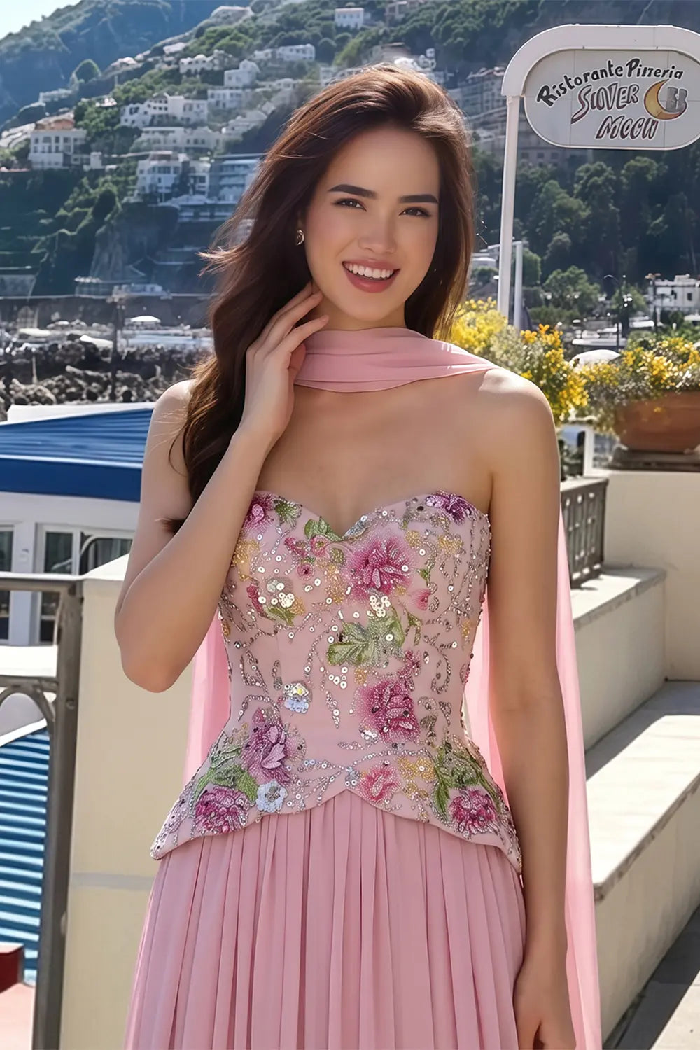Pink Strapless Evening Dress with Floral Beaded Bodice & Chiffon Cape Scarf SS480 Sheer Fairy