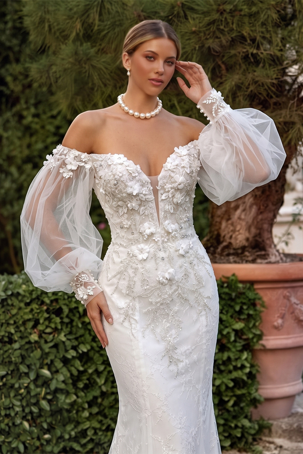 White Sweetheart Tulle Puff Sleeve 3D Flower Long Mermaid Wedding Gown SW630 Sheer Fairy