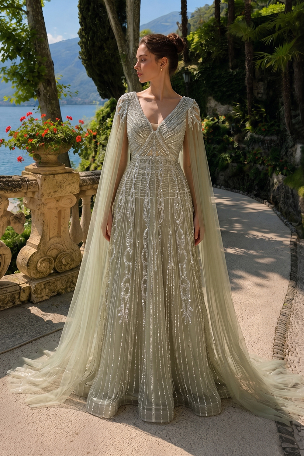 Elegant V Neck Sequined Cape Sleeve A Line Evening Gown SS073 Sheer Fairy