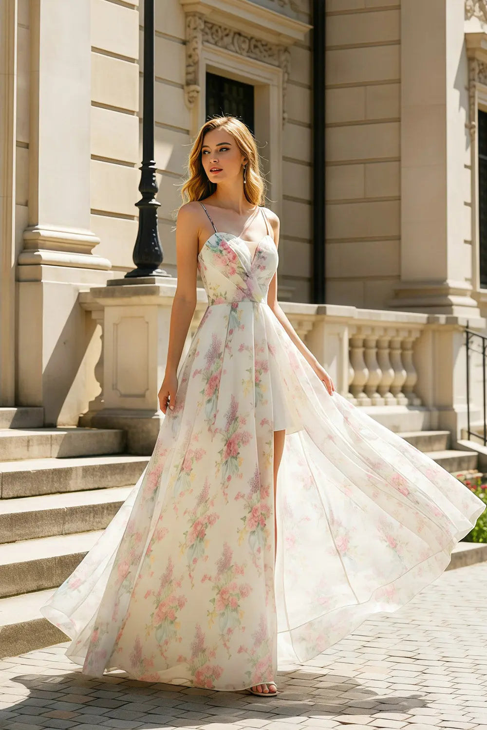 Floral Print Tulle A-Line Spaghetti Straps Beige Prom Dress SH470 Sheer Fairy