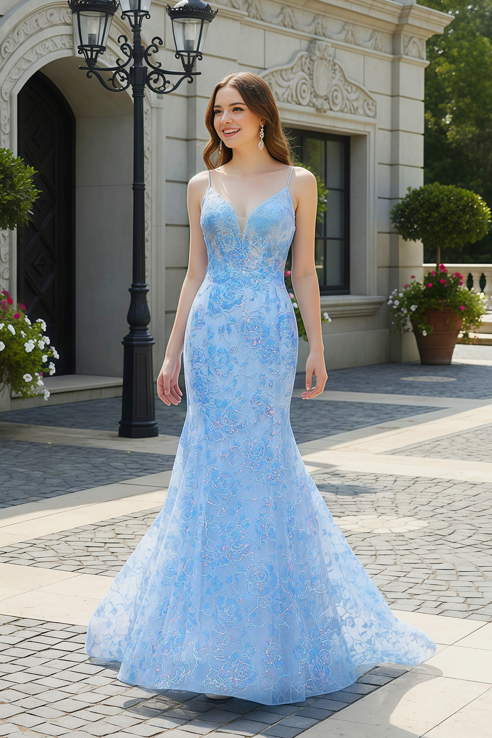 Luxury Floral Embroidery Blue Backless A-line Prom Dress SH220 Sheer Fairy