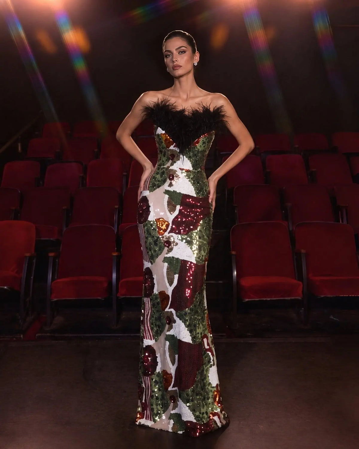 Multicolored Feather Sequin Strapless Gown ST113 Sheer Fairy