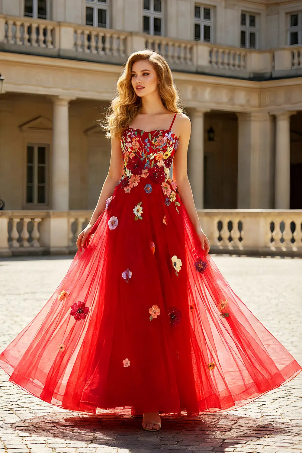 Red Tulle A-Line Spaghetti Strap Prom Dress with 3D Floral SH446 Sheer Fairy