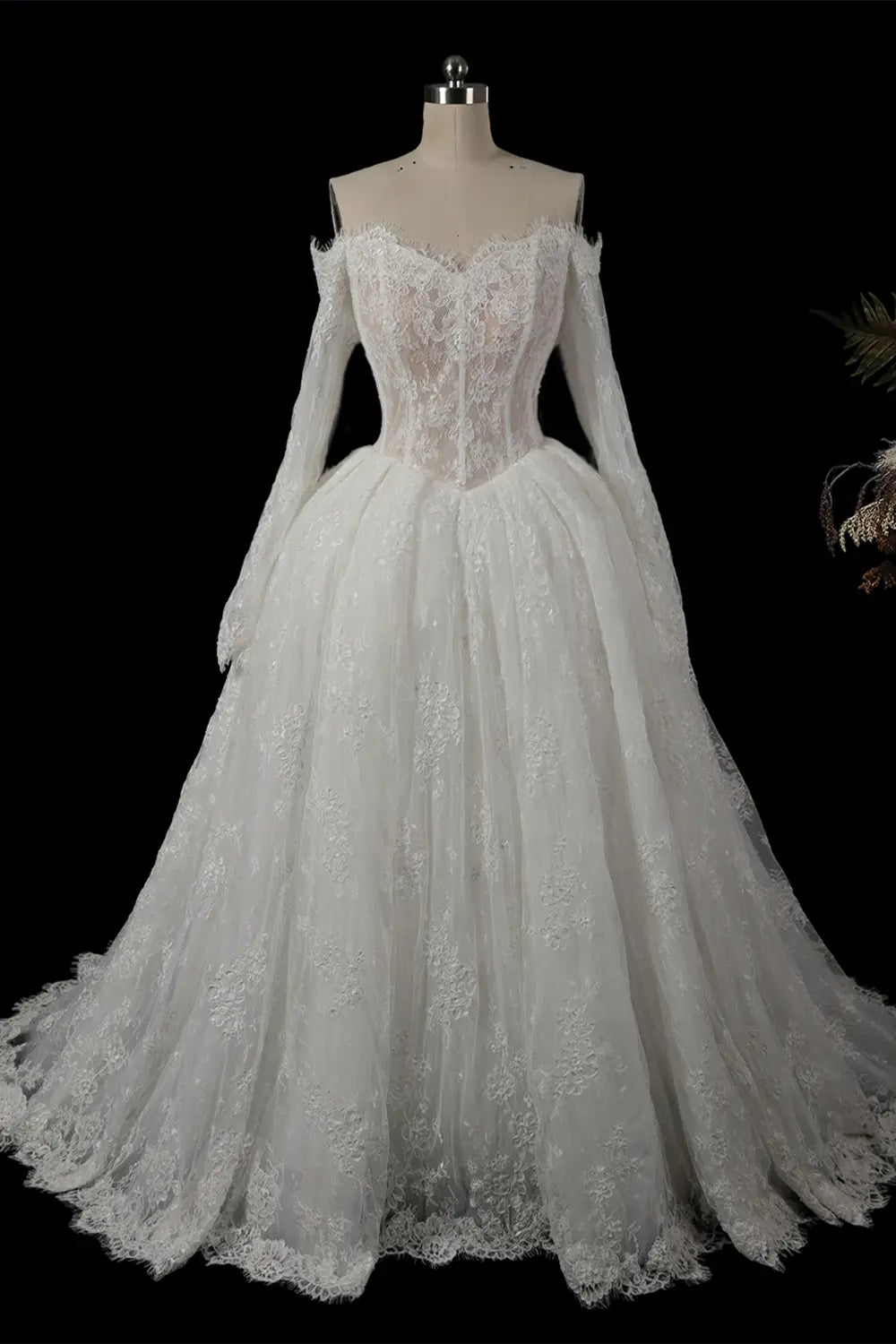 White Floral Lace Off The Shoulder Bridal Wedding Gown SW748 Sheer Fairy