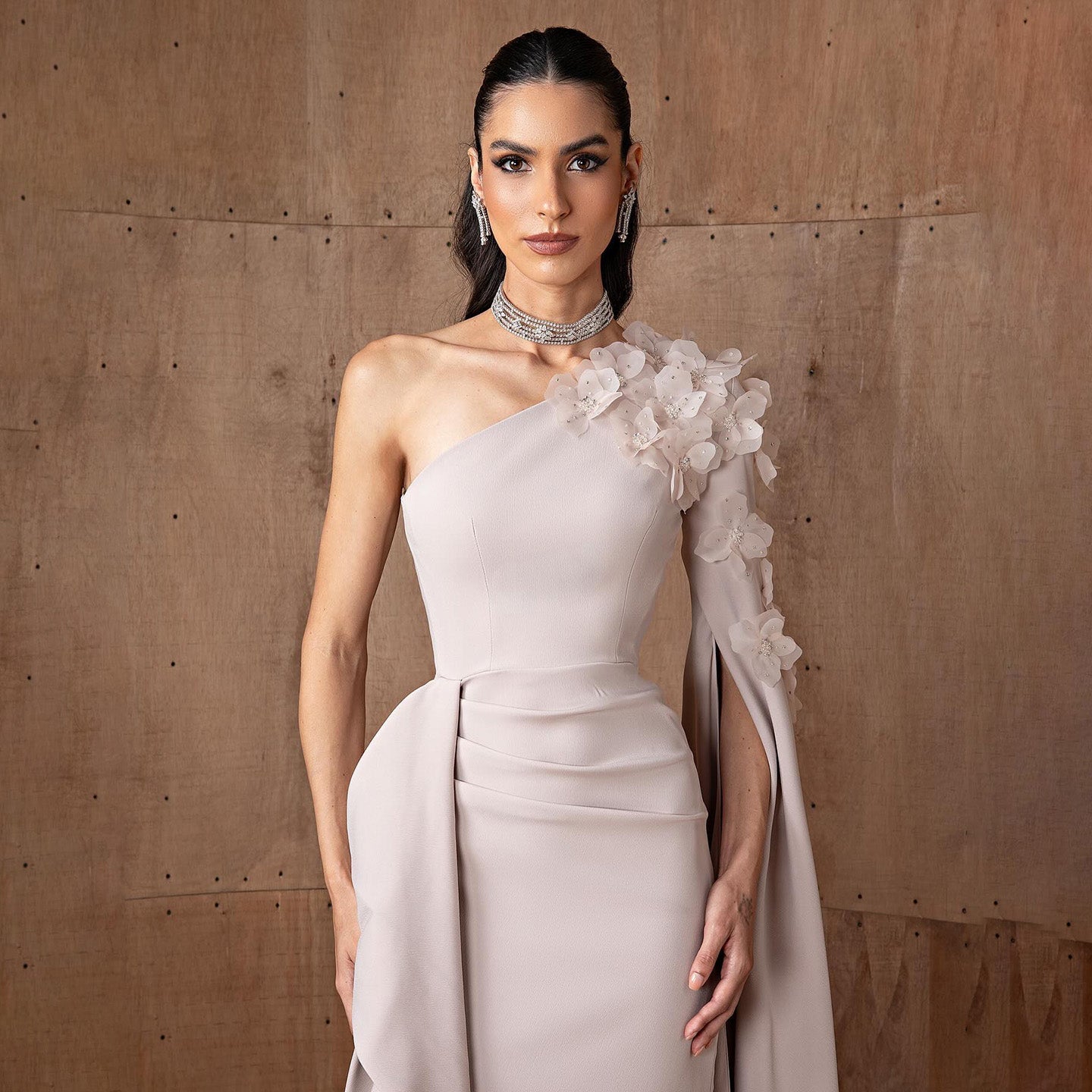 Dirty Pink One-Shoulder Mermaid Evening Dress with Cape Sleeve & 3D Floral Appliqués SF555 Sheer Fairy