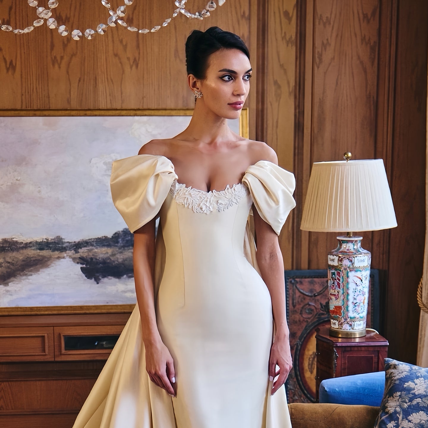 Off-the-Shoulder Satin Mermaid Wedding Dress with Detachable Overskirt SW230 Sheer Fairy