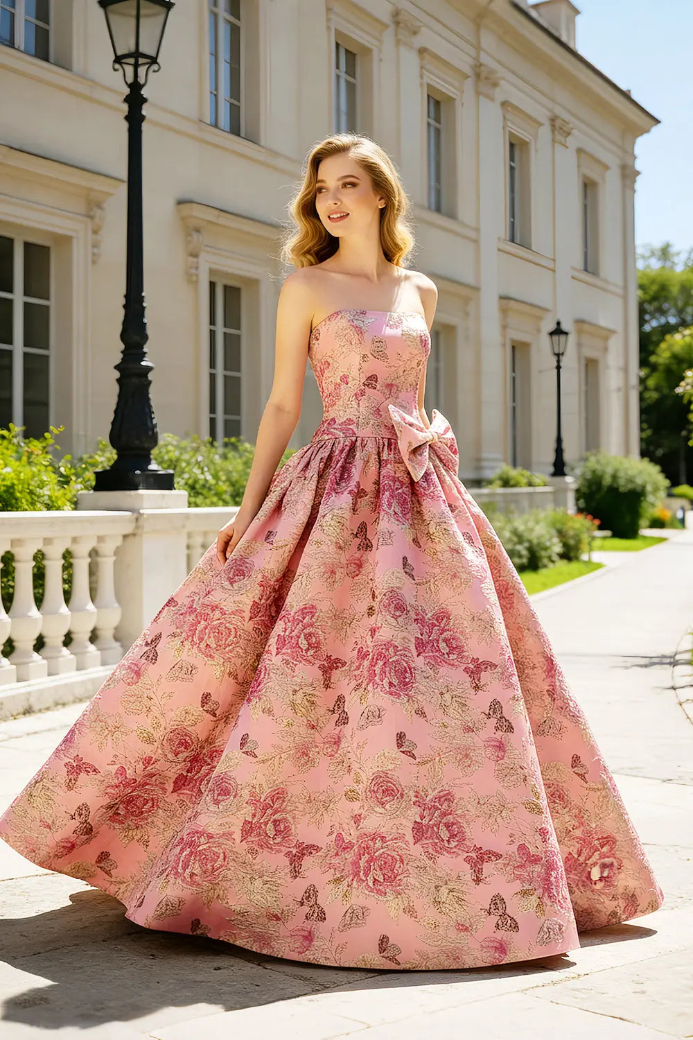 Pink Floral Jacquard Ball Gown Prom Dress SH402 Sheer Fairy