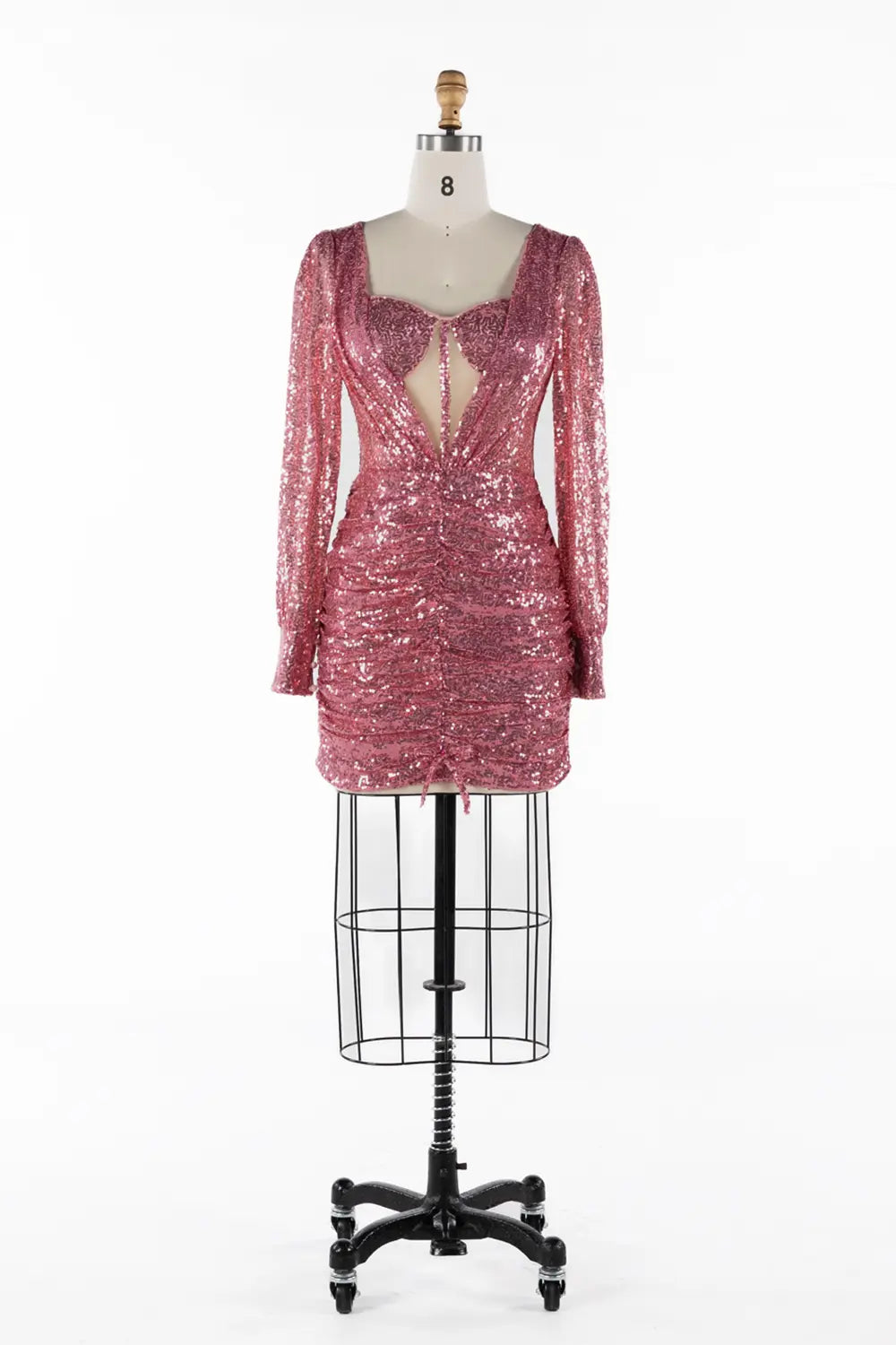 Rose Pink Sparkly Long Sleeve Ruched Cocktail Mini Dress ST059 Sheer Fairy