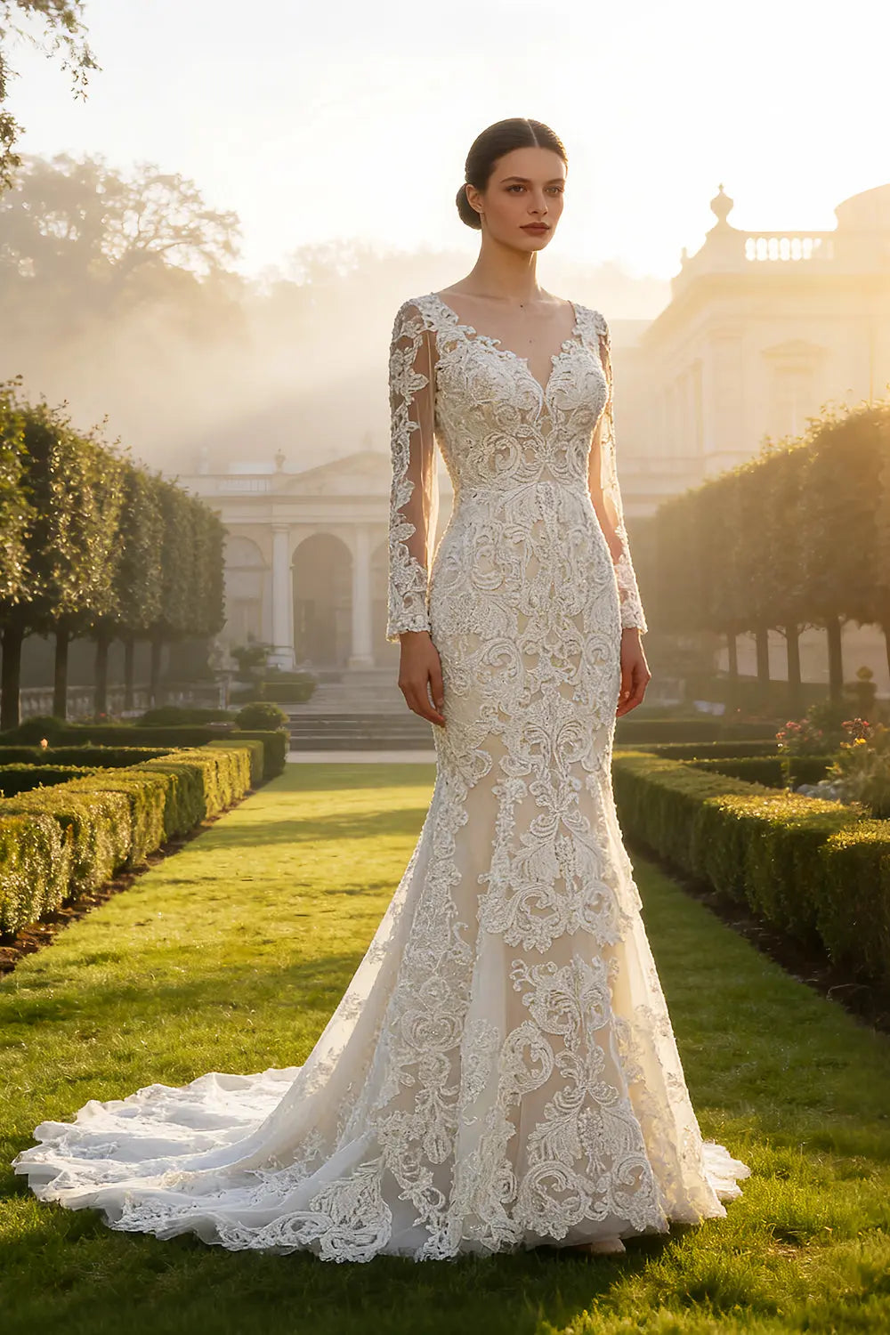 Long Sleeve Sequined Lace Bridal Mermaid Wedding Dress SW660 Sheer Fairy