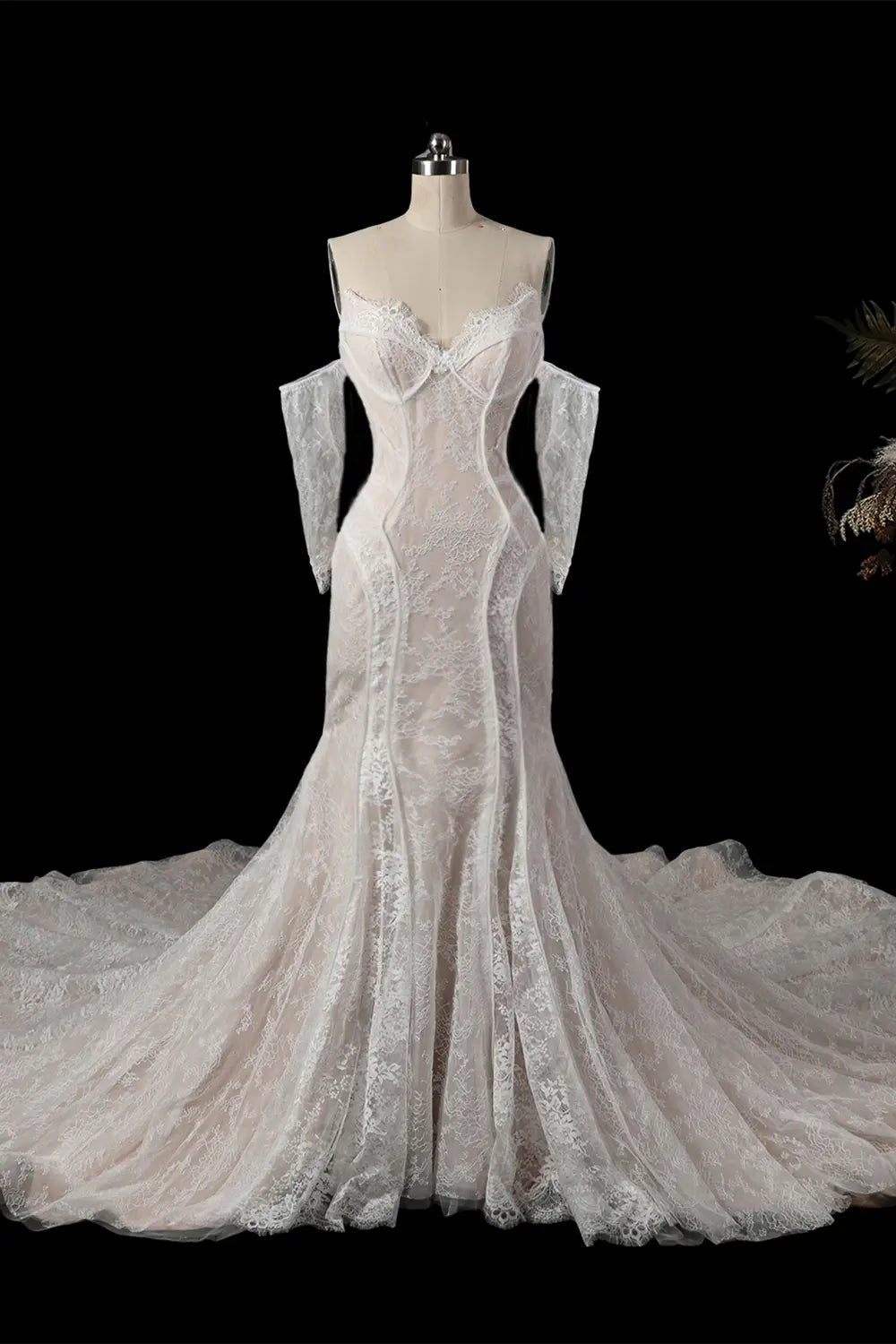 White Corset Mermaid Long Sleeve Wedding Dress SW752 Sheer Fairy