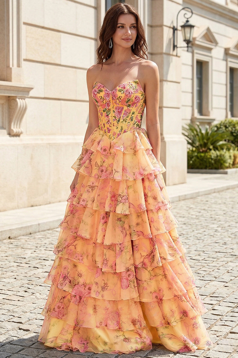 Elegant Yellow Floral Strapless Prom Dress SH738 Sheer Fairy
