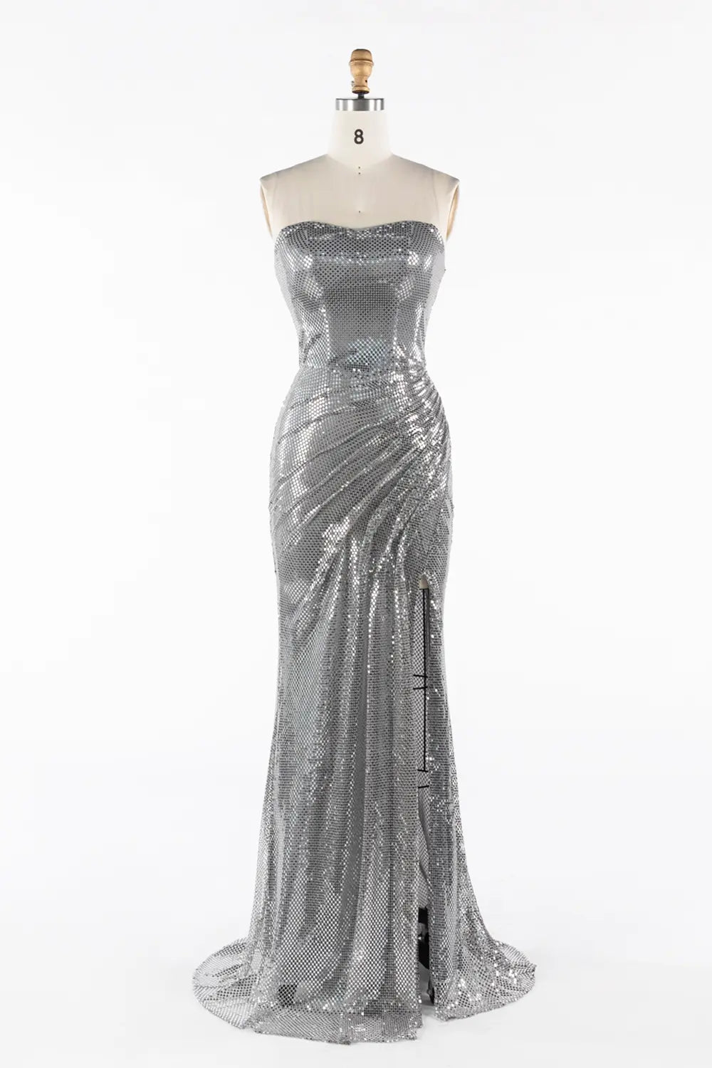Silver Strapless Ruched Sequin Slit Formal Evening Dress ST058 Sheer Fairy