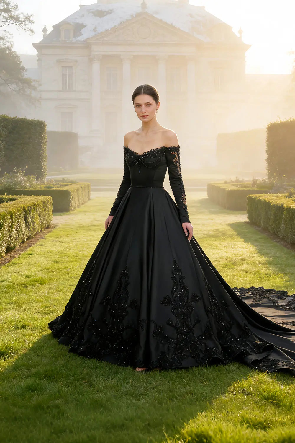 Black Satin Off-Shoulder Beaded Ballgown Wedding Dress SW558 Sheer Fairy