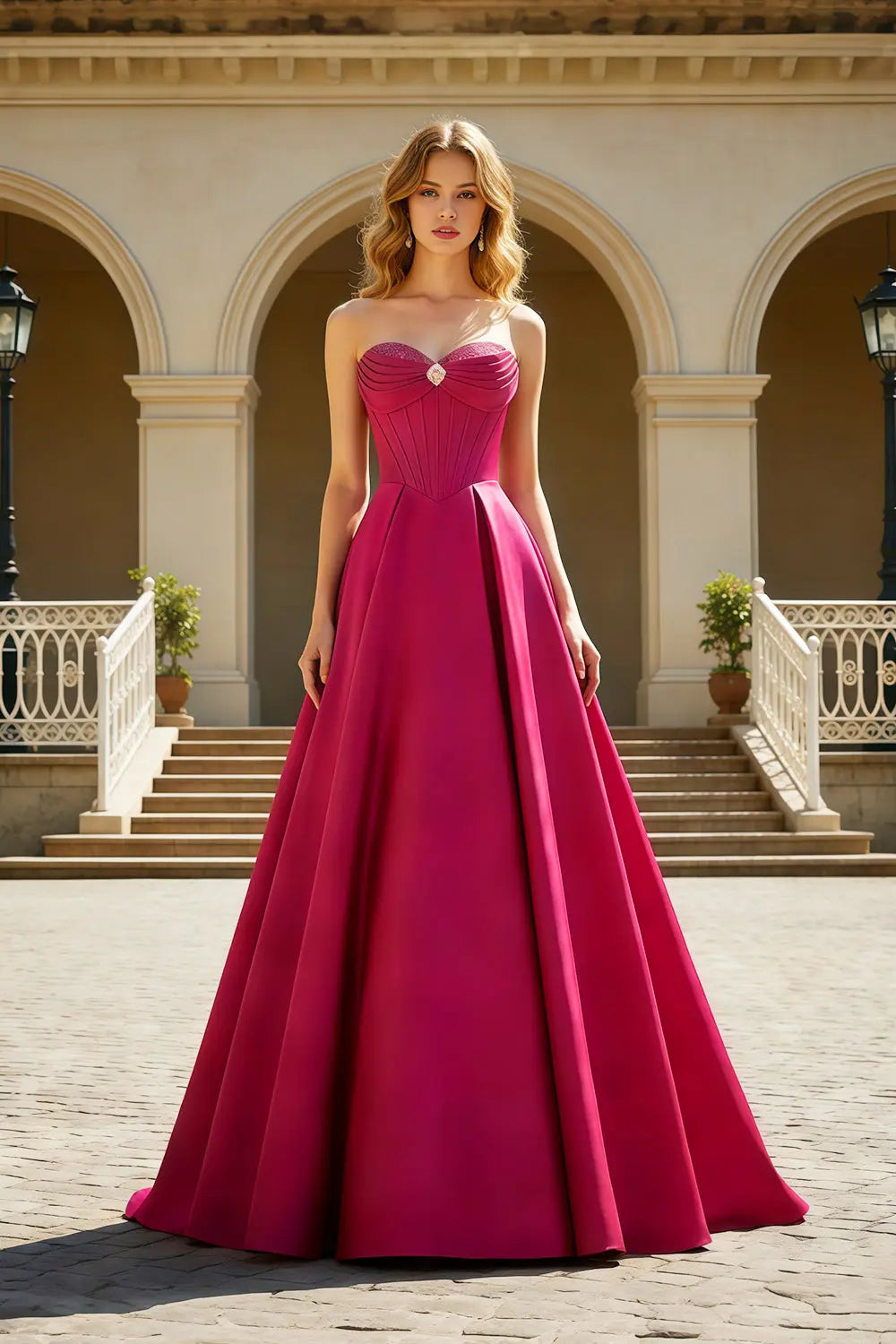 Hot Pink Strapless Sweetheart Satin Ball Gown Prom Dress SH408 Sheer Fairy