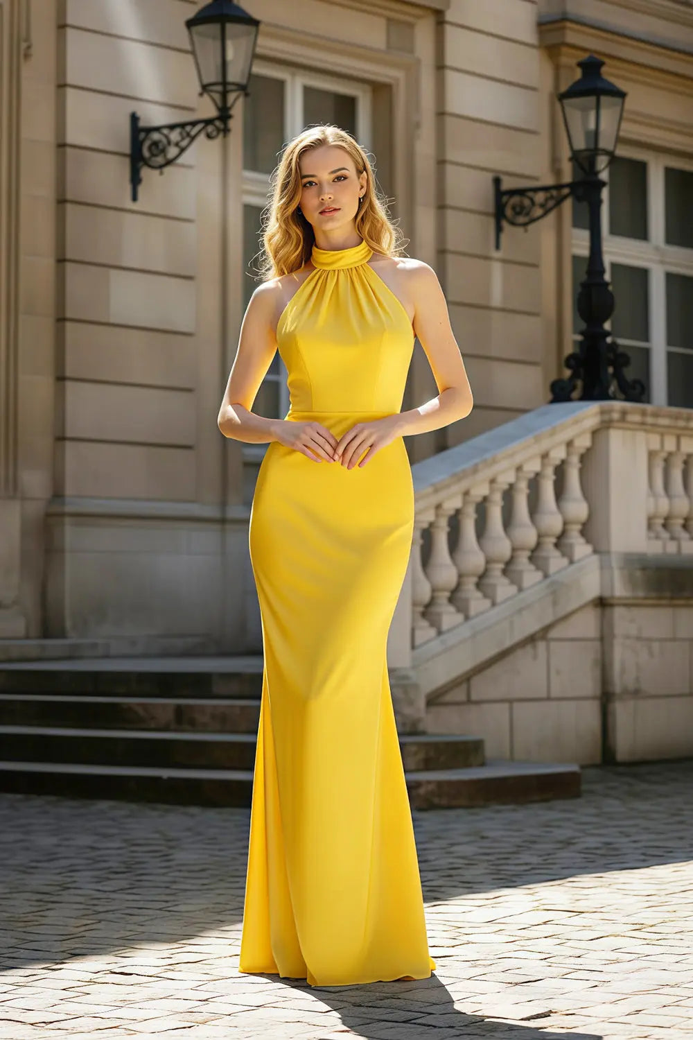 Glamorous Yellow Satin Mermaid Halter Neck Prom Dress SH428 Sheer Fairy
