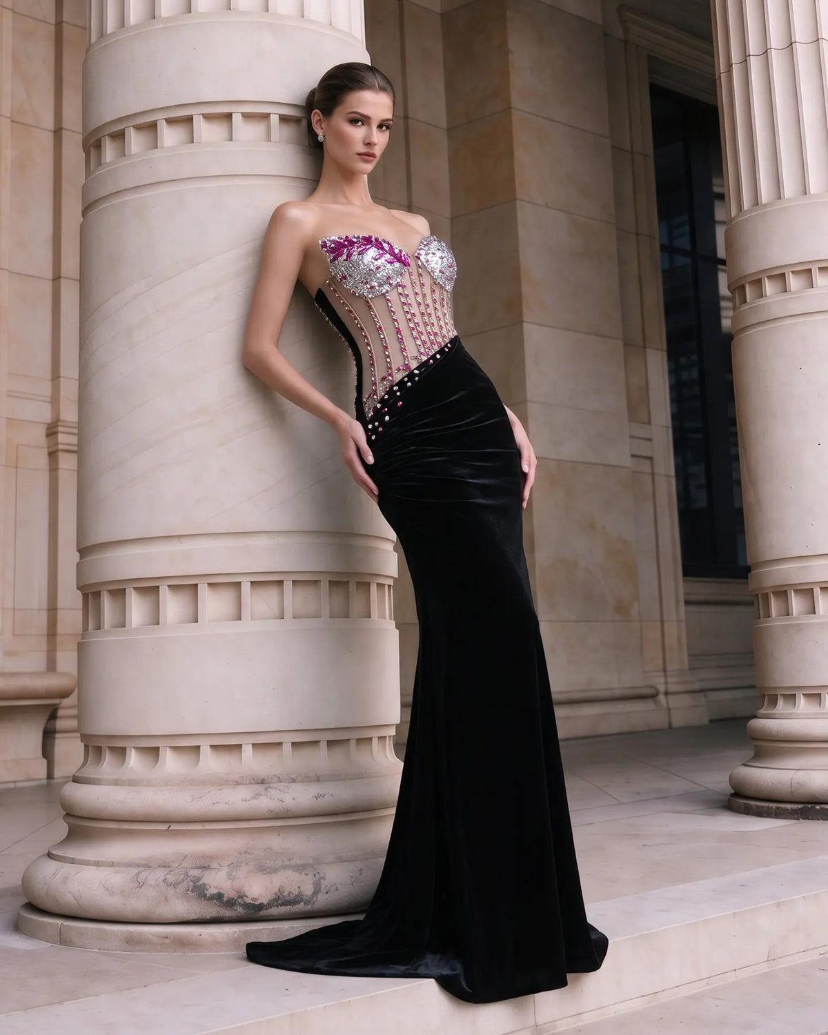 Black Strapless Beaded Velvet Evening Gown Sheer Fairy