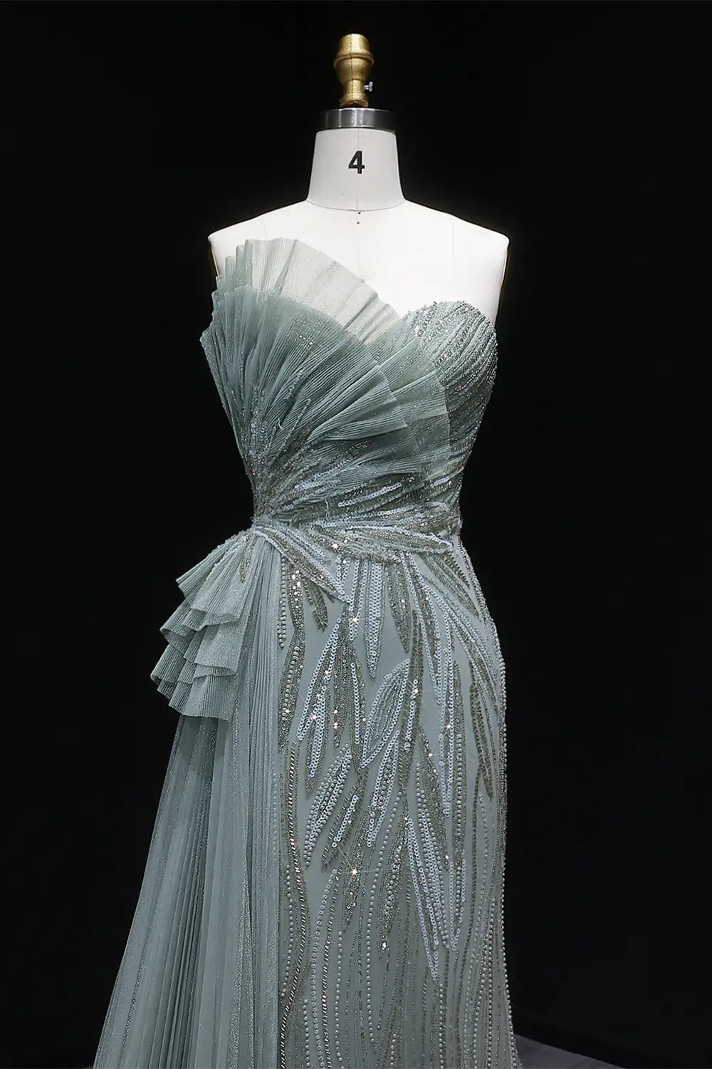 Sage Green One-Shoulder Beaded Tulle Mermaid Prom Dress Evening Gown with Ruffle SH064 Sheer Fairy