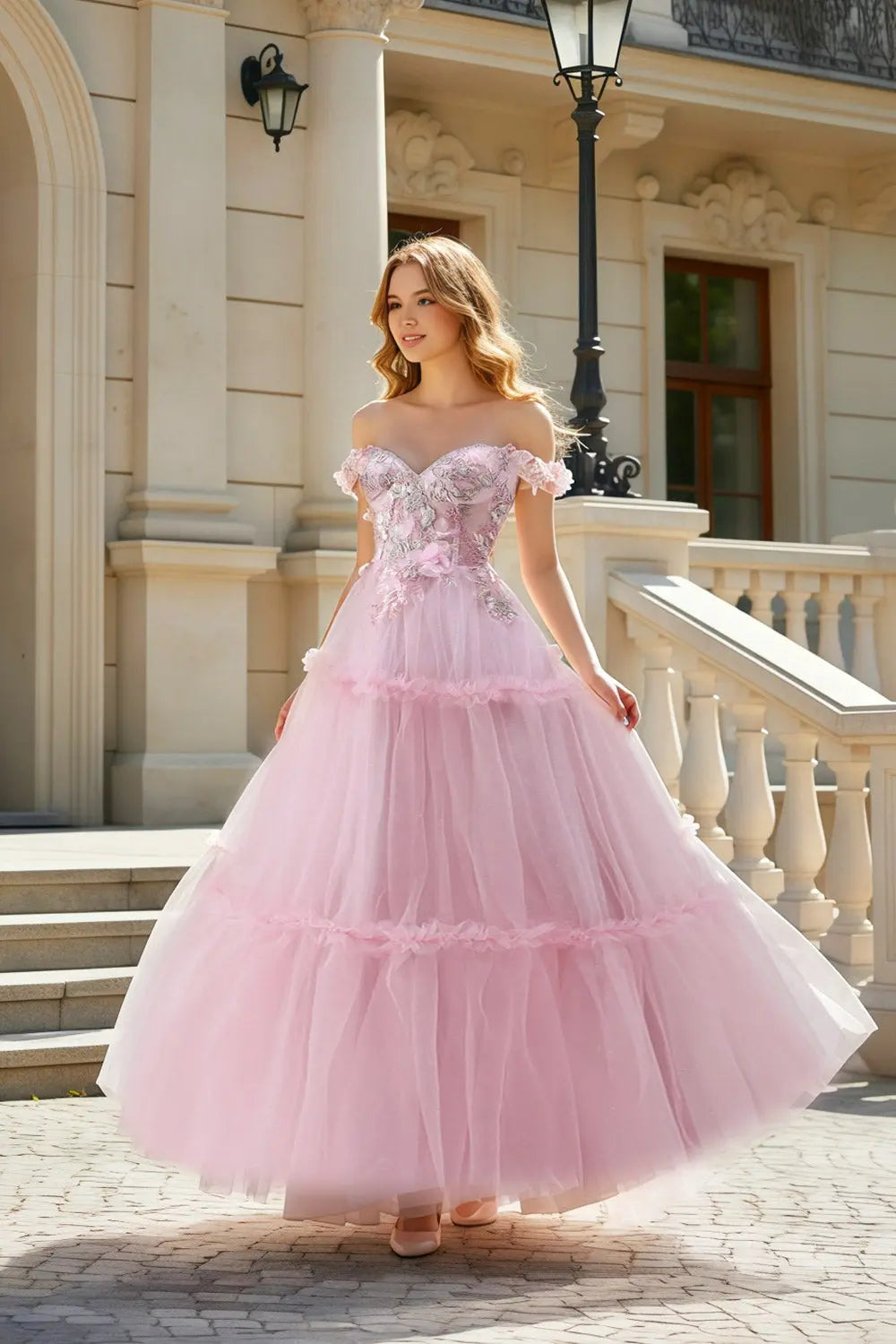 Blush Off-the-Shoulder Tulle Ball Gown Pink Prom Dress SH480 Sheer Fairy
