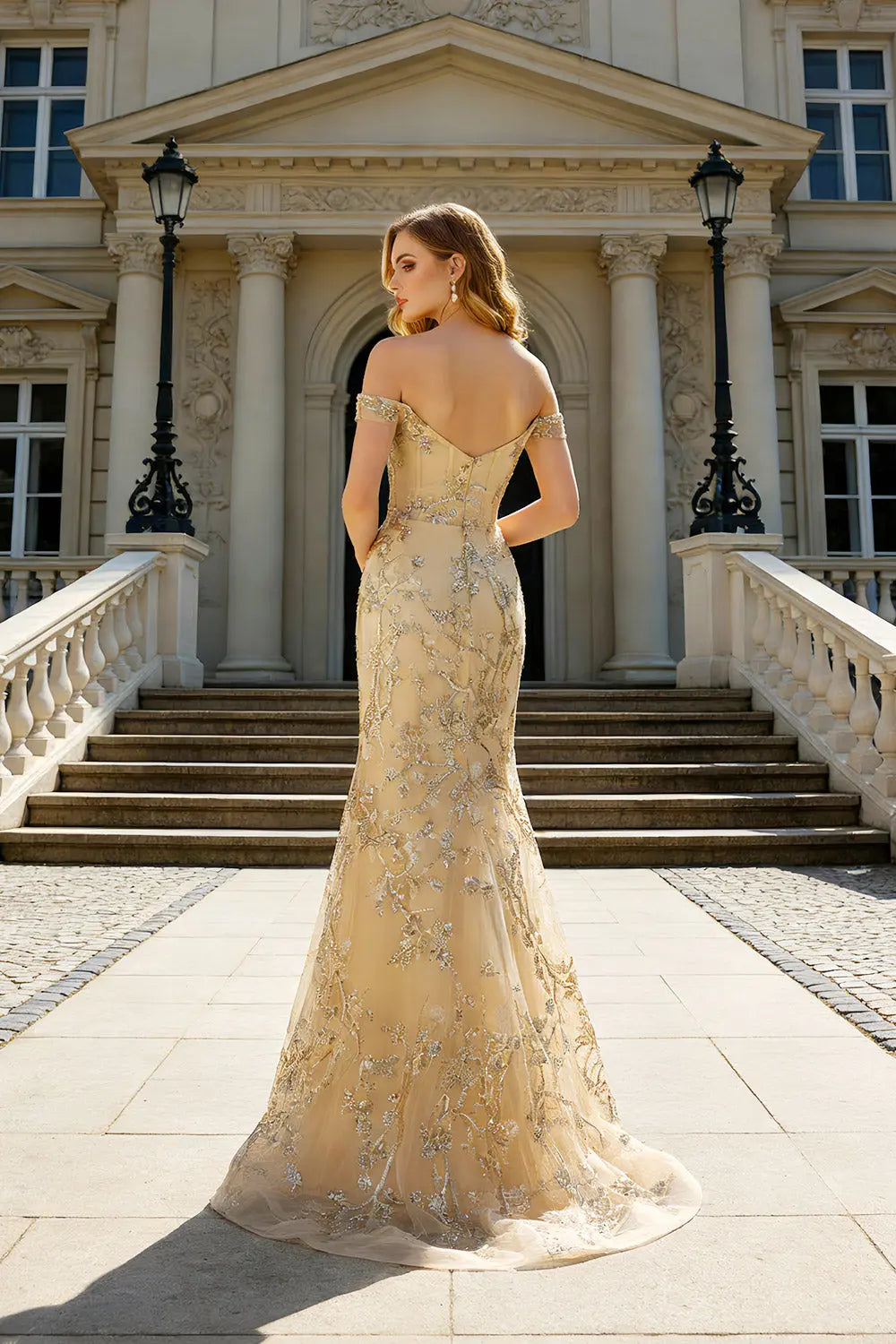 Gold Lace Off-the-Shoulder Mermaid Prom Dress SH485 Sheer Fairy