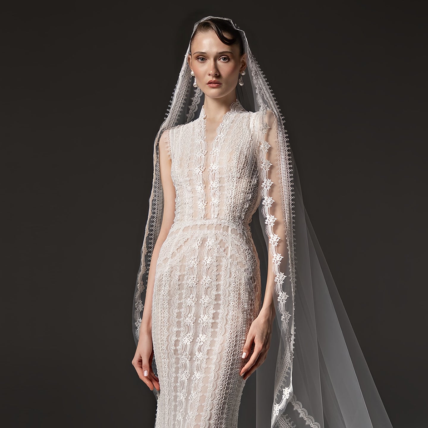 V Neck Elegant Lace Mermaid Wedding Dress with Cathedral Veil SW662 Sheer Fairy