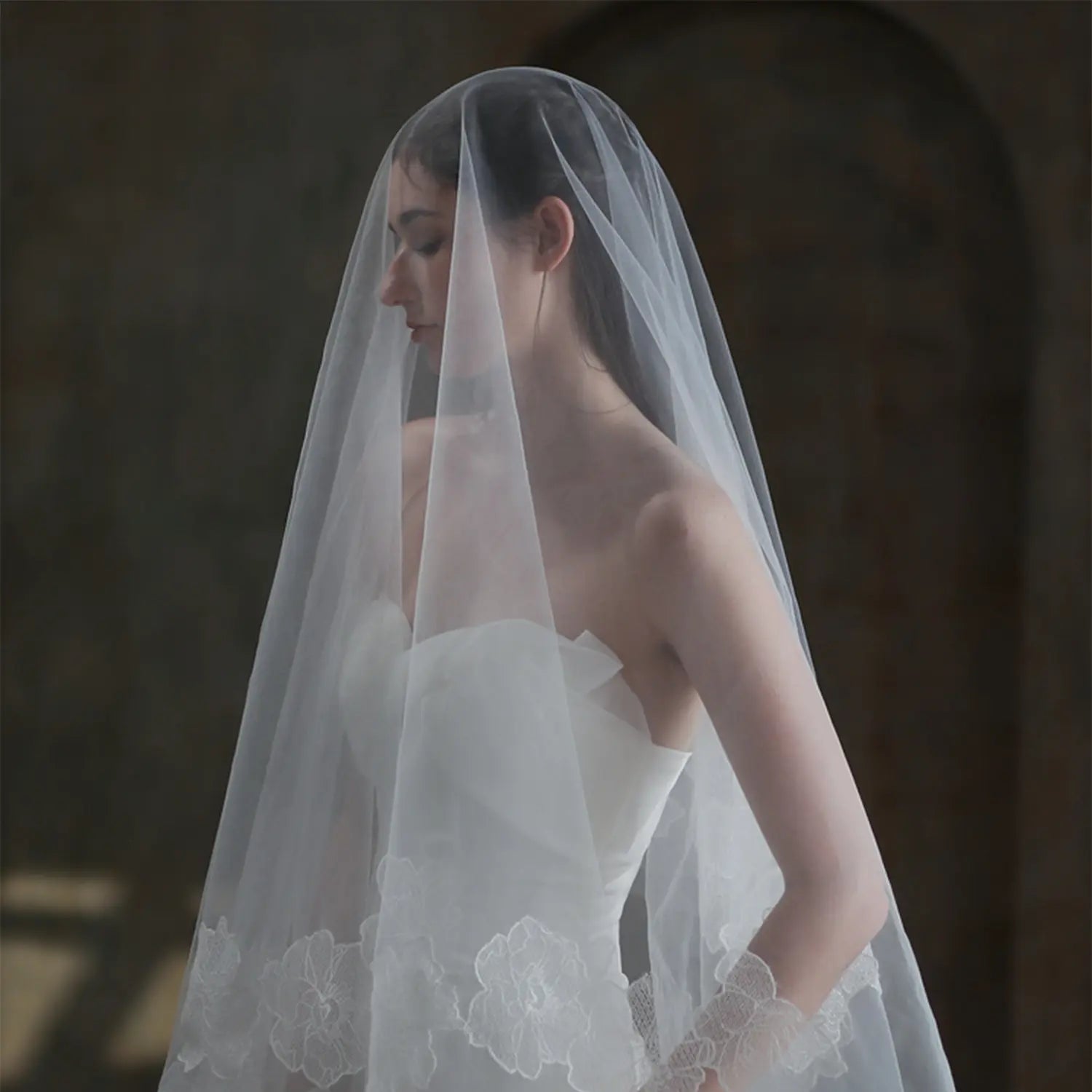 Fingertip Length White Floral Lace Applique Wedding Veil BV007 SHEER FAIRY