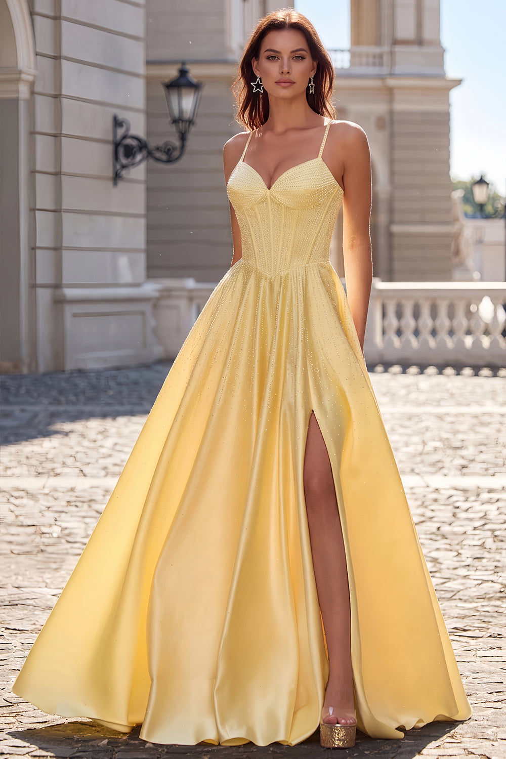 A Line Satin Long Yellow Prom Dress with Spaghetti Strap  SH726 Sheer Fairy