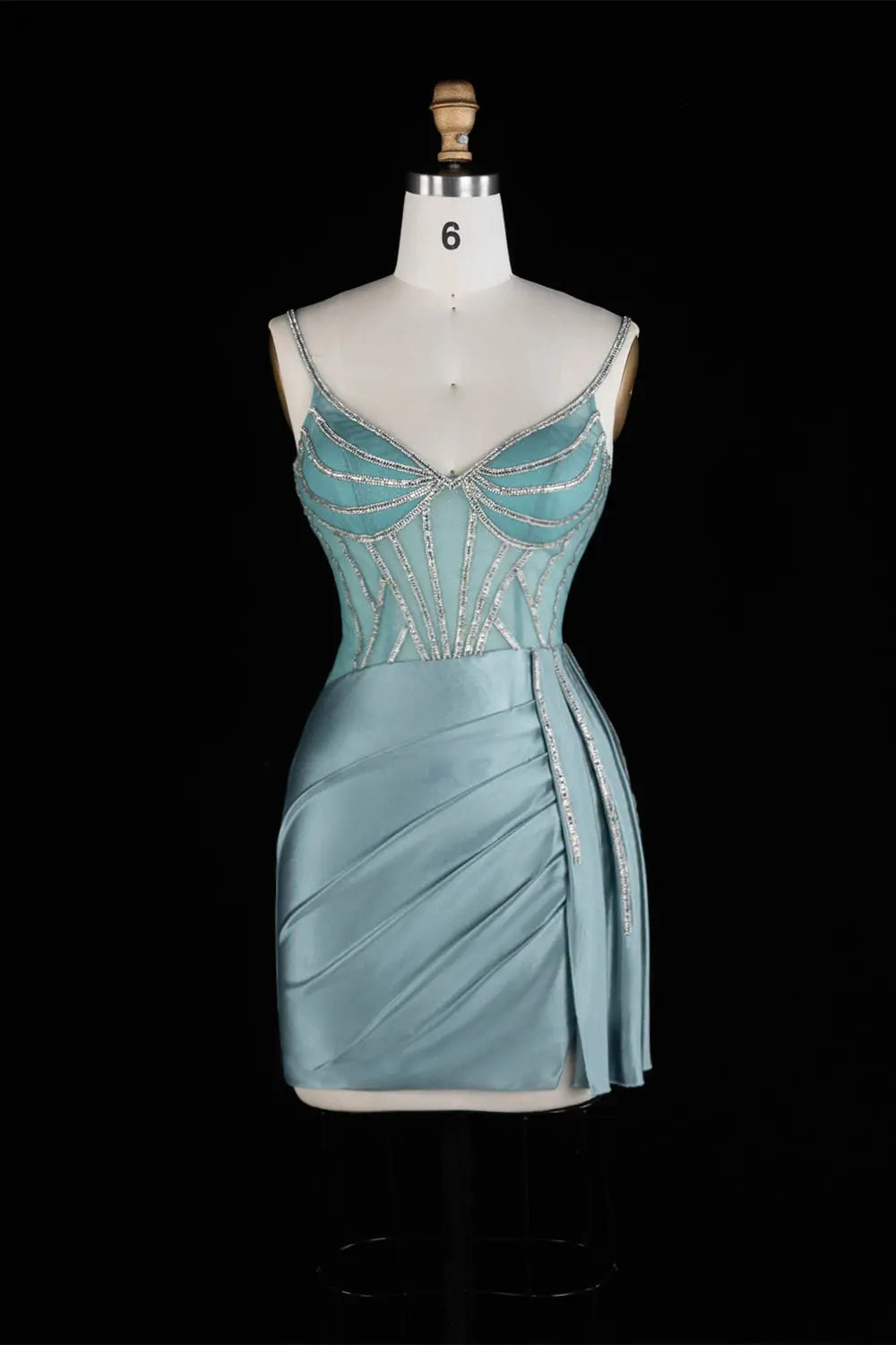 Turquoise Satin Spaghetti Strap Sheath Mini Homecoming Dress RM174 Sheer Fairy