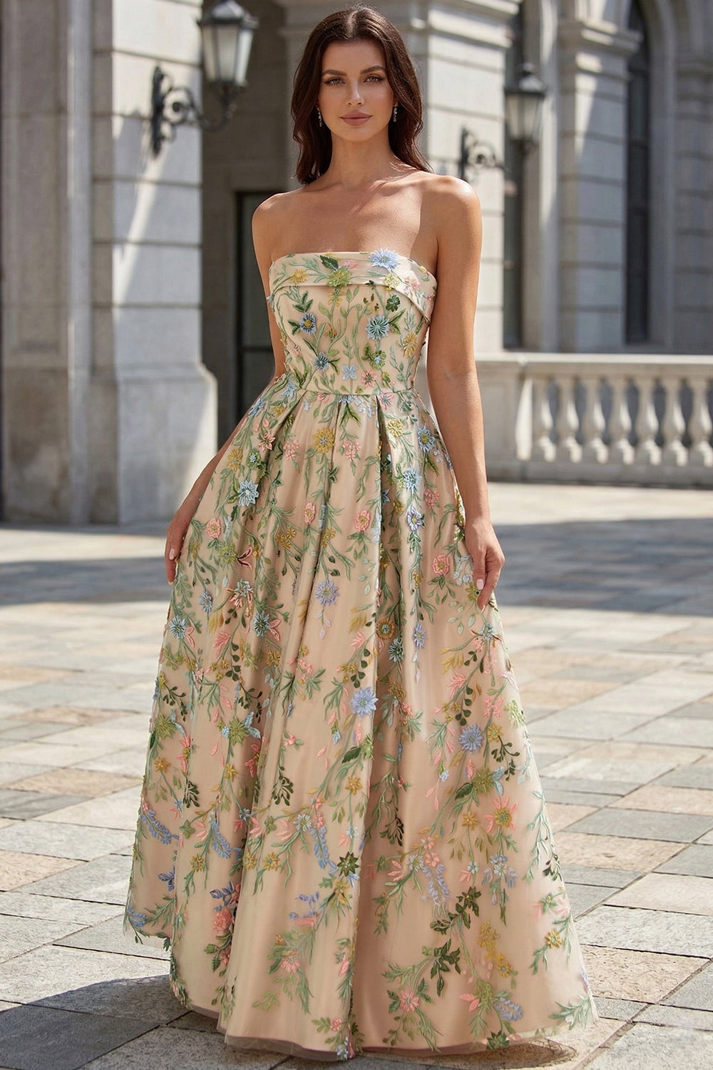 Women's Strapless Nude Floral Embroidered Prom Dress SH743 Sheer Fairy