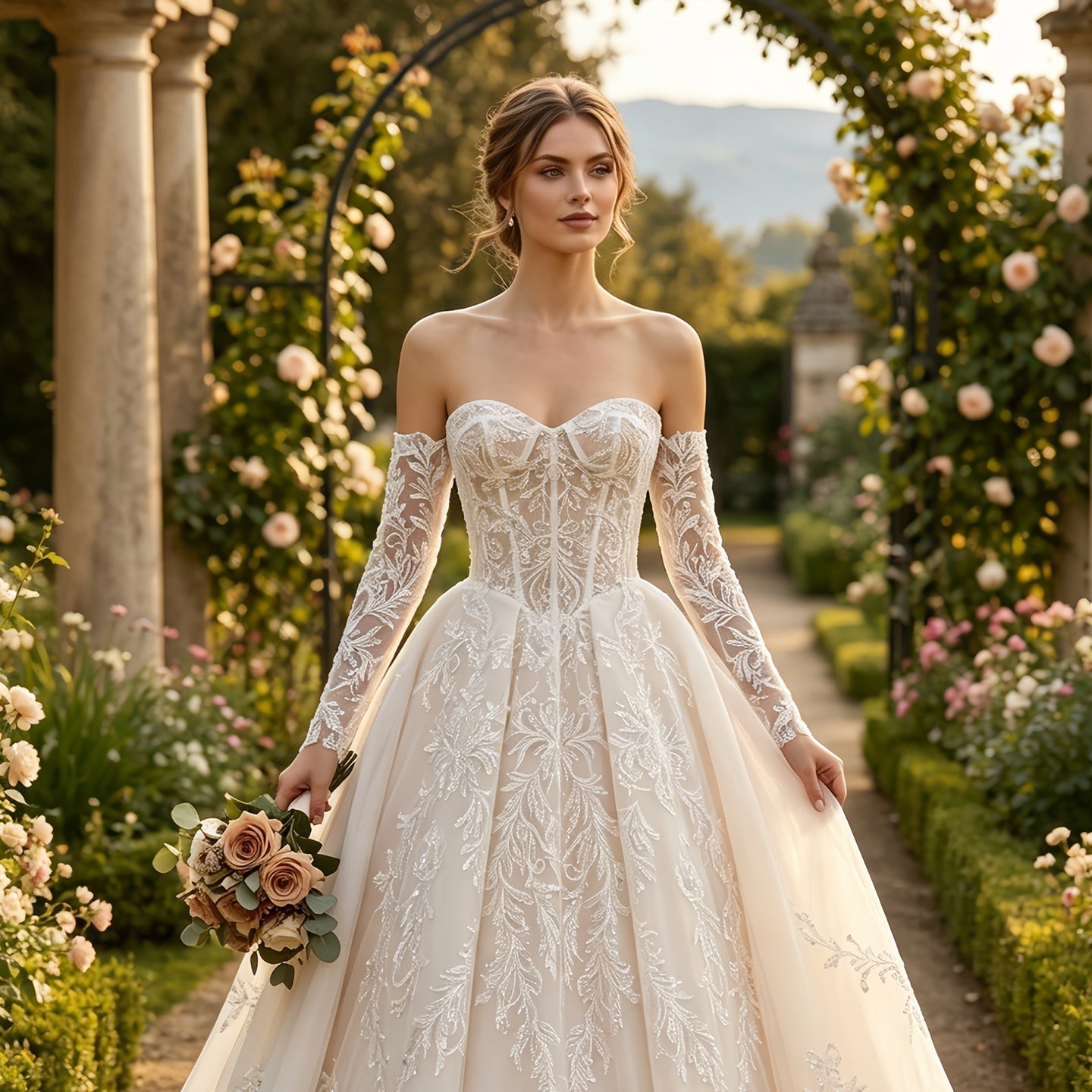 Sweetheart Neck Lace Corset Ball Gown Wedding Dress with Detachable Long Sleeves SW703 Sheer Fairy