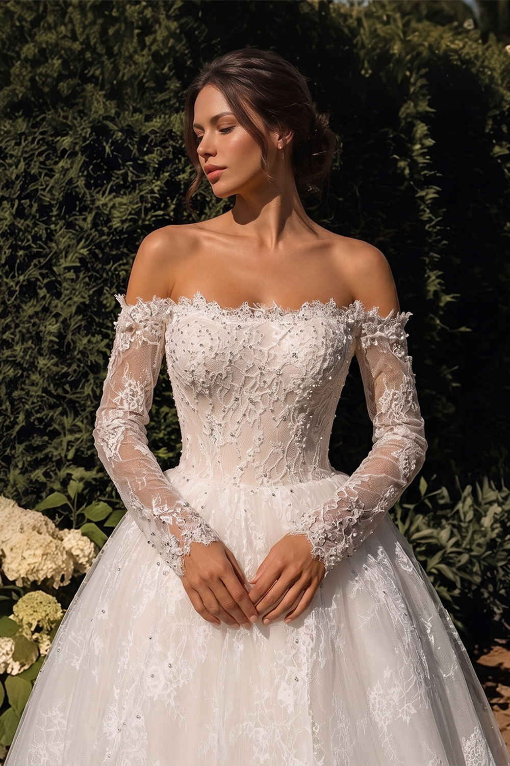 White Lace Ball Gown Wedding Dress Off the Shoulder with Long Sleeves and Beaded Details SW679 Sheer Fairy
