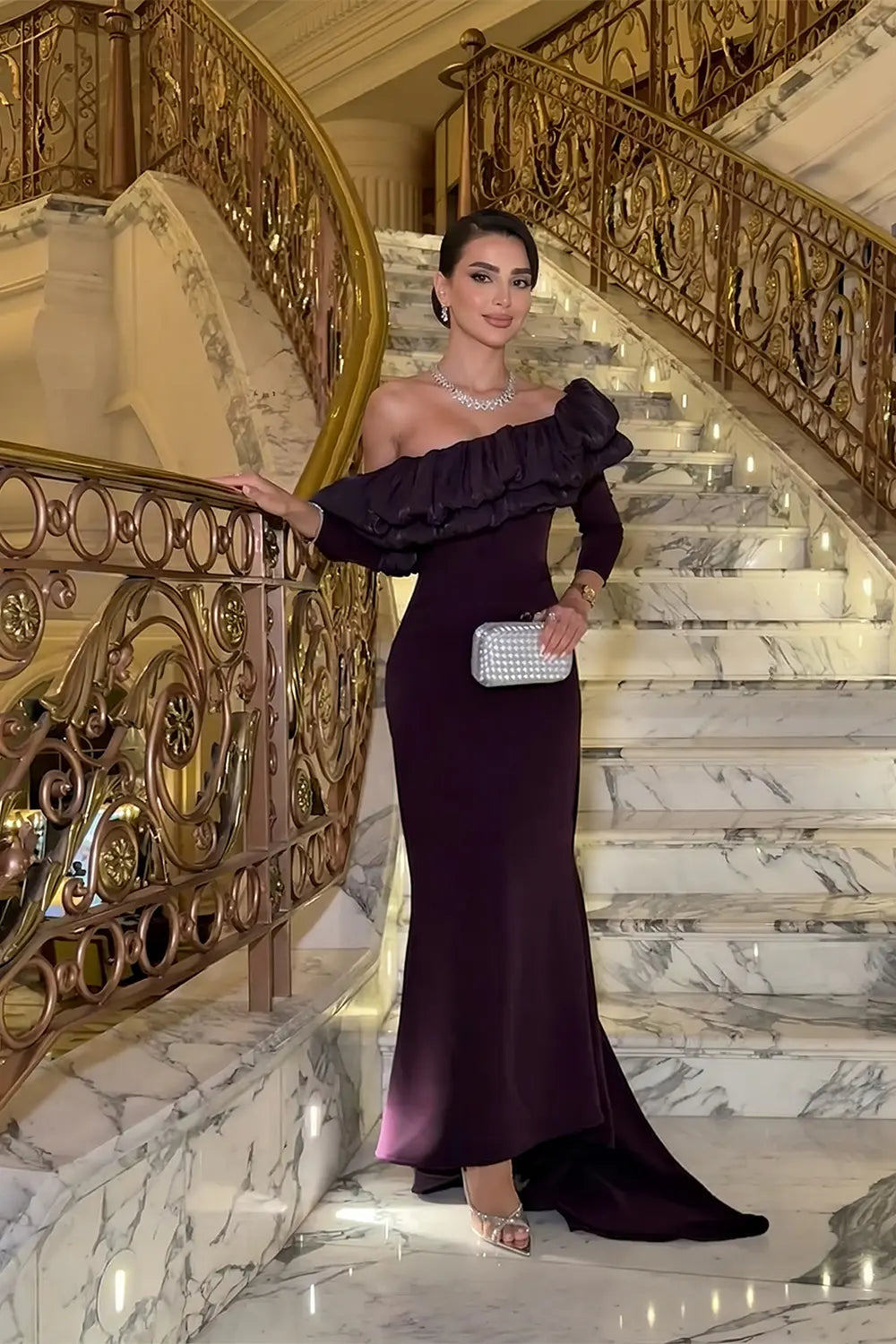 Purple Ruffled Satin One-Shoulder Sheath Evening Dress SF323 Sheer Fairy
