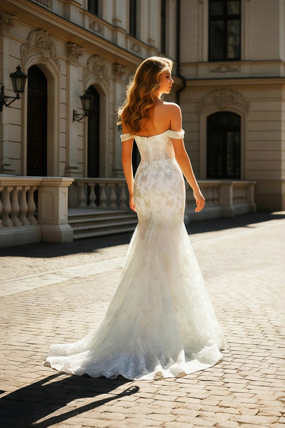 White Lace Mermaid Off-the-Shoulder Flora Beige Prom Dress SH460 Sheer Fairy