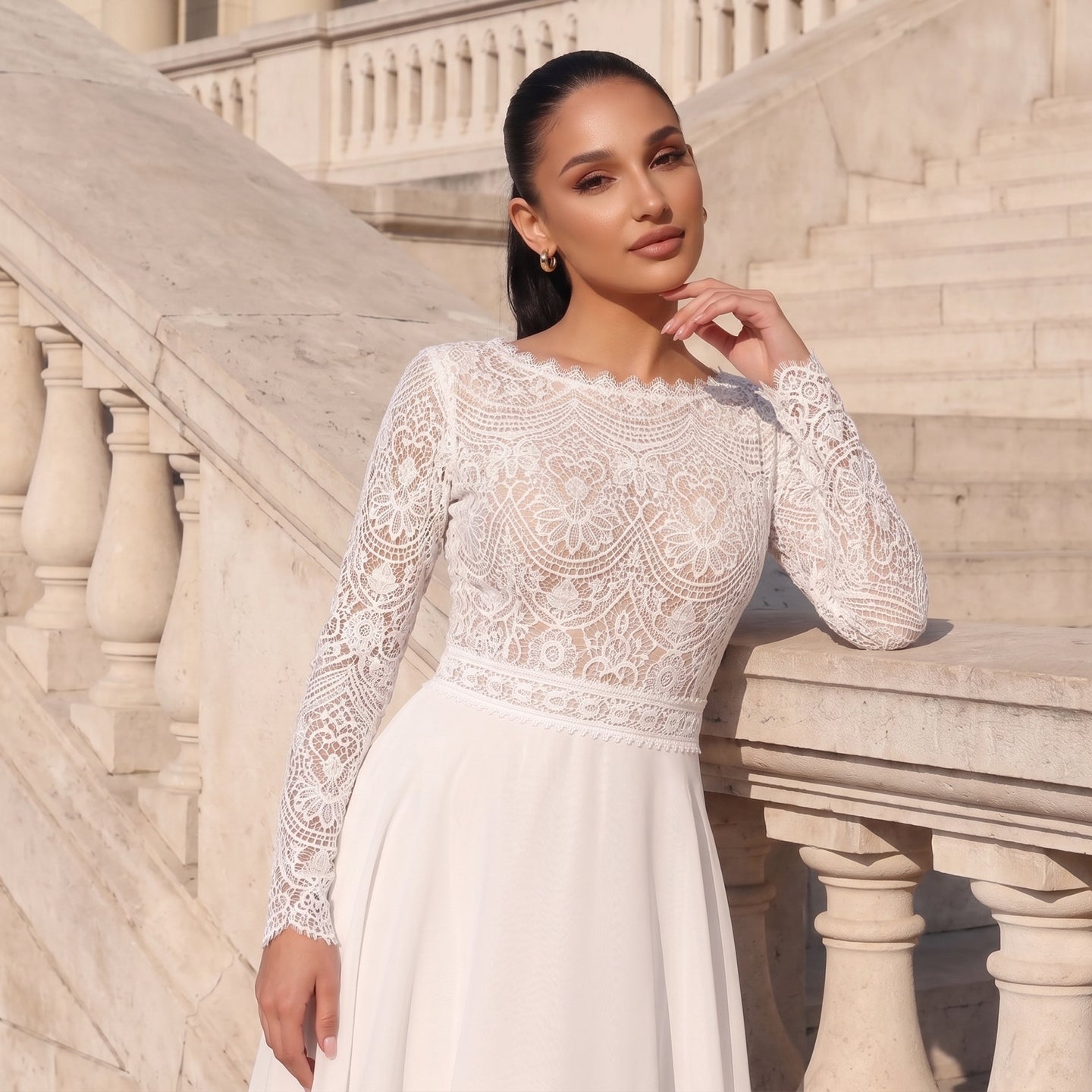 Dreamy Lace Bodice Chiffon Wedding Dress with Open Keyhole Back SW714 Sheer Fairy